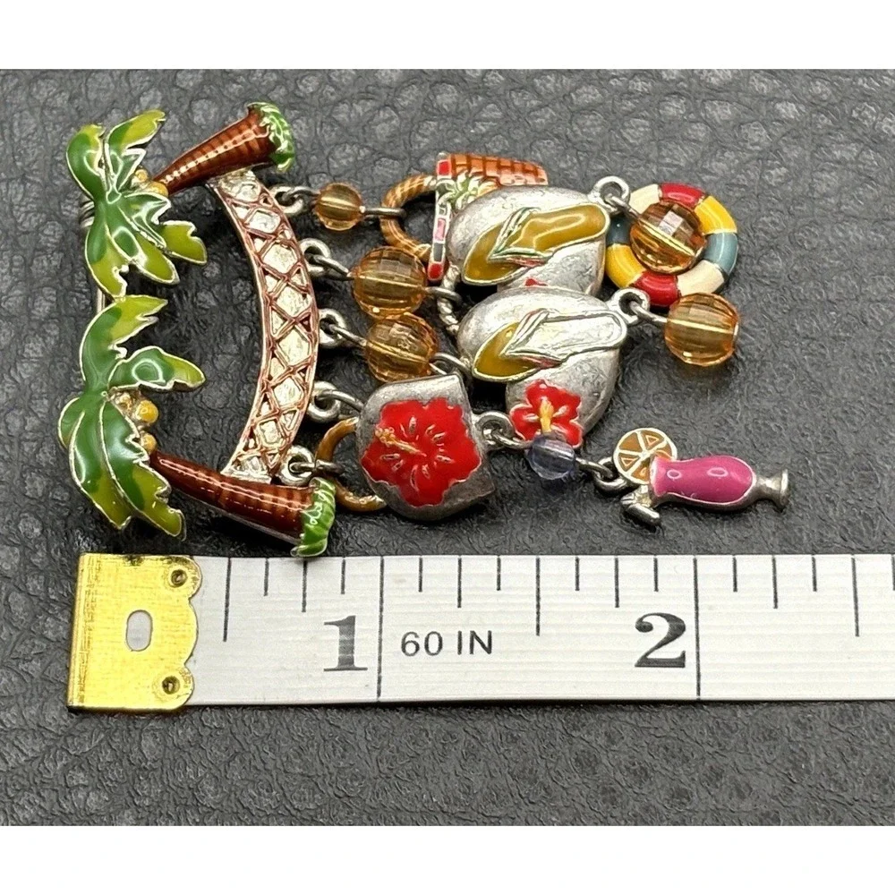 Vintage Silver Tone Tropical Enamel Charm Dangle Brooch Pin Beach Vacation